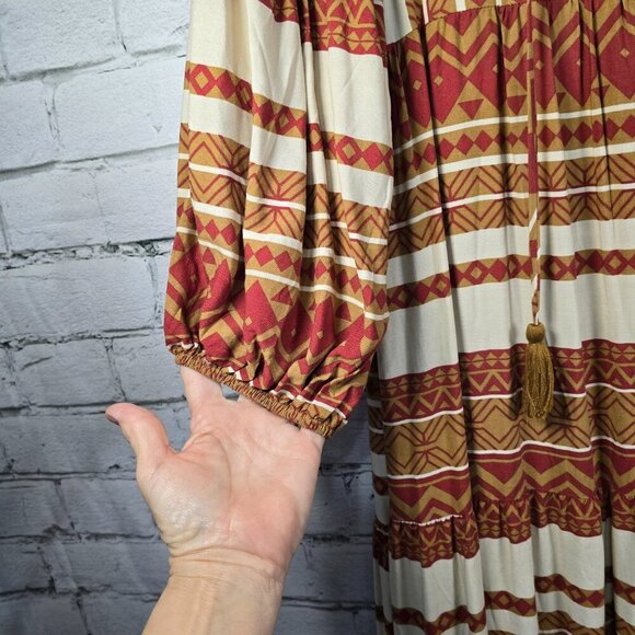 WOMENS EASEL LONG BOHO DRESS VNECK TASSEL TIES RUST CREAM GOLD BOLD STRIPES SM - Picture 3 of 9